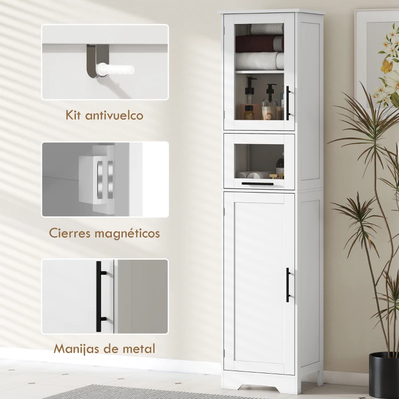 HOMCOM Columna de Baño con Puerta de Vidrio Estantes Ajustables Cajón para Espacios Pequeños 40x31x170 cm Blanco
