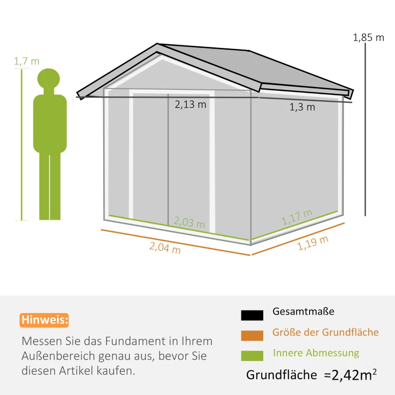 Outsunny gereedschapsschuur, tuinhuisje, met schuifdeuren, fundering, weerbestendig, staal, groen, 213 x 130 x 185 cm(m-3)