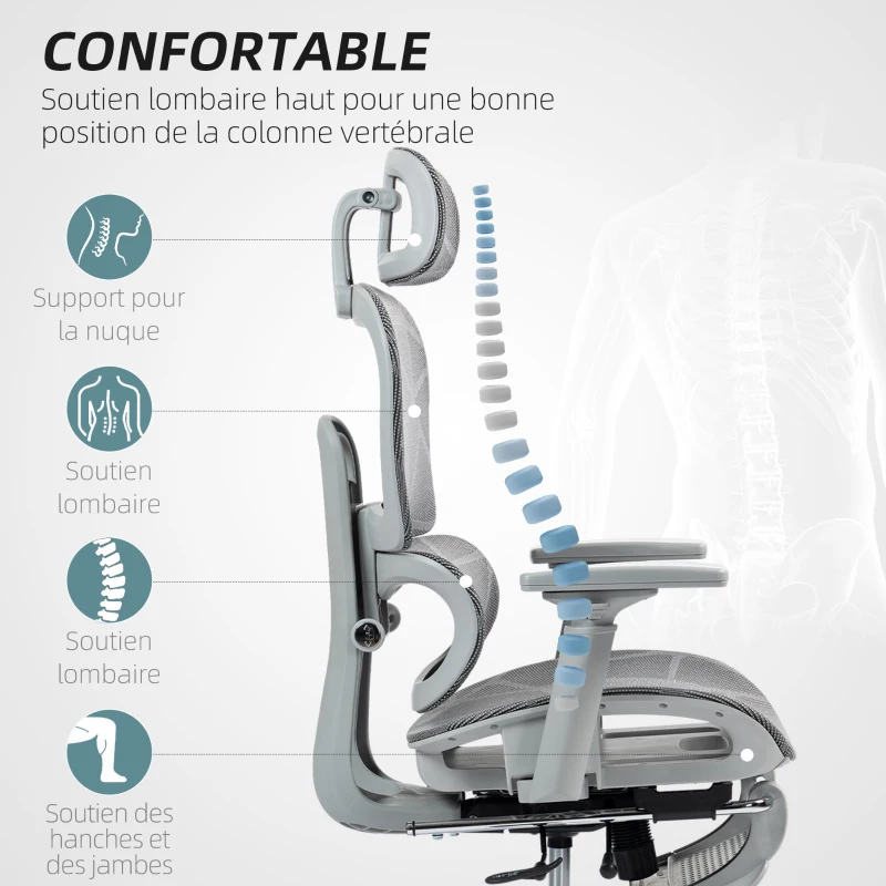 HOMCOM Fauteuil de bureau, chaise de bureau ergonomique en maille avec accoudoirs 3D, dossier inclinable, 66x64x122 cm, gris