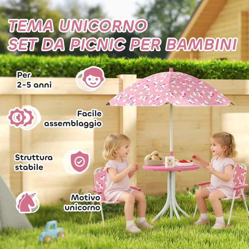 AIYAPLAY Tavolo da Picnic per Bambini Set Tavolo e Sedie con Ombrellone Rosa