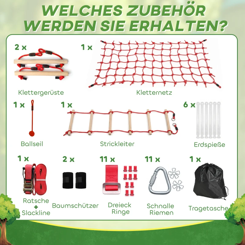 AIYAPLAY Ninja Line Kinder 10m Slackline Set mit Turnringe Schaukel Kletterleiter Kletternetz für 3-6 Jahre 1000x300x180 cm Rot