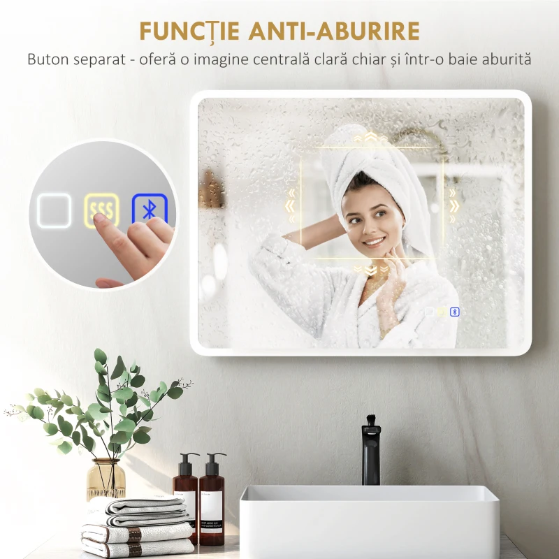 HOMCOM Oglindă de baie LED bluetooth 70 x 90 cm interruptor tactil lumină reglabilă 3 culori anti-abur memorie argintiu