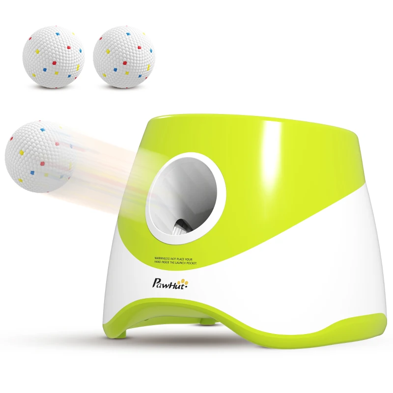 PawHut Lanceur de Balles Automatique avec 3 Balles en ETPU, 3 Réglages de Distance 6m/10m/14m, Intérieur et Extérieur, Vert