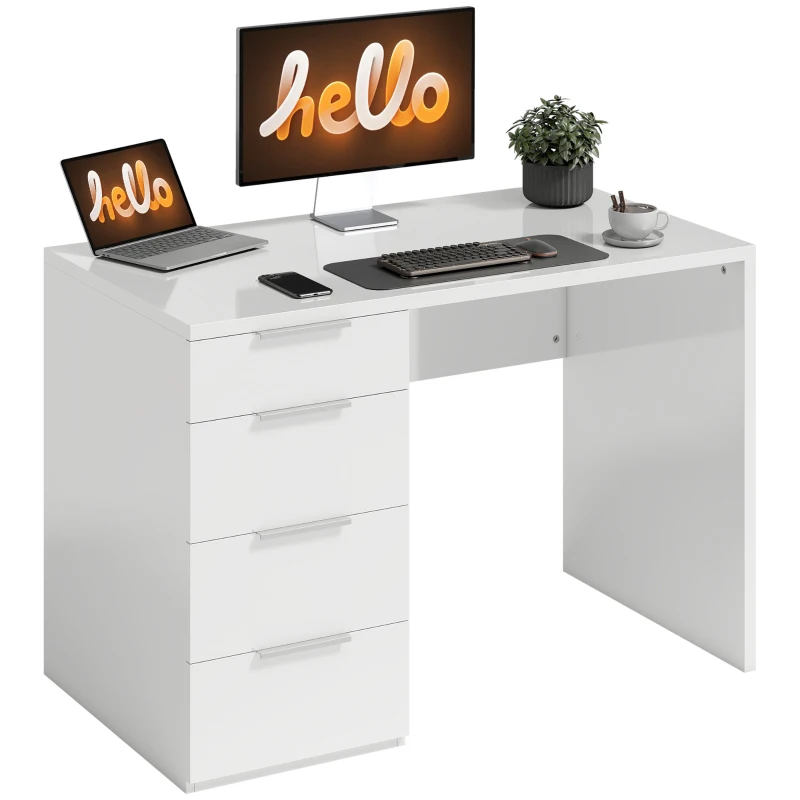 HOMCOM Birou Compact, 110x61.5x75 cm, Birou Modern cu 4 Sertare, Masă pentru Computer, pentru Acasă, Studiu, Cameră sau Birou, Alb Lucios