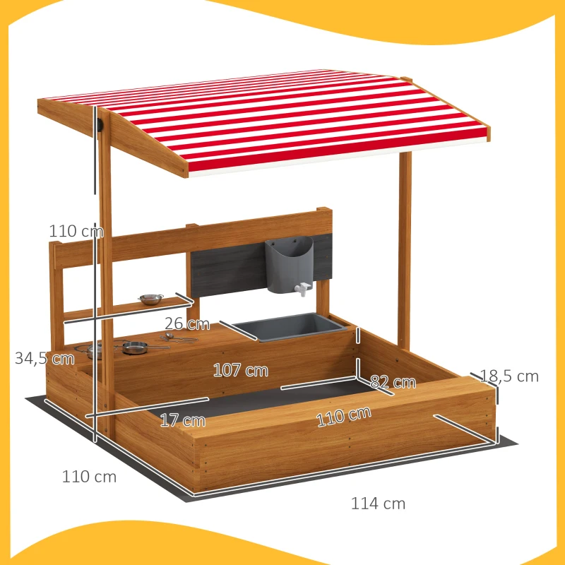 Outsunny Caixa de Areia de Madeira para Crianças com Toldo Regulável e Brinquedos de Cozinha para Crianças de 3-7 Anos 114x110x110 cm Vermelho