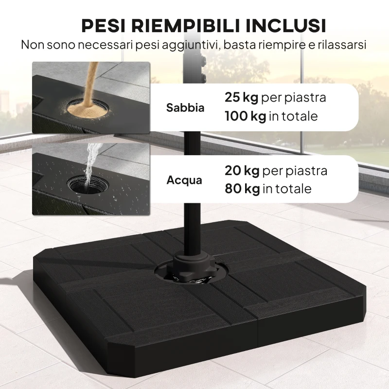 Outsunny Ombrellone da Giardino a Manovella 2.4x2.4m con Base Riempibile e Girevole, Grigio Scuro