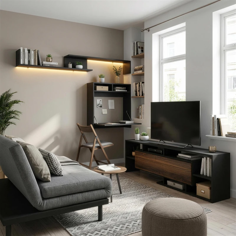 HOMCOM Mobile TV con Mensola a Muro, Ripiani Aperti e Armadietto in Legno, Nero e Marrone