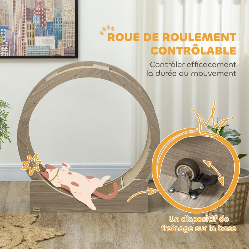 PawHut Roue d'exercice pour chat roue de course pour chat frein sécurisé et tapis de grattage amovible silencieux 91 cm marron
