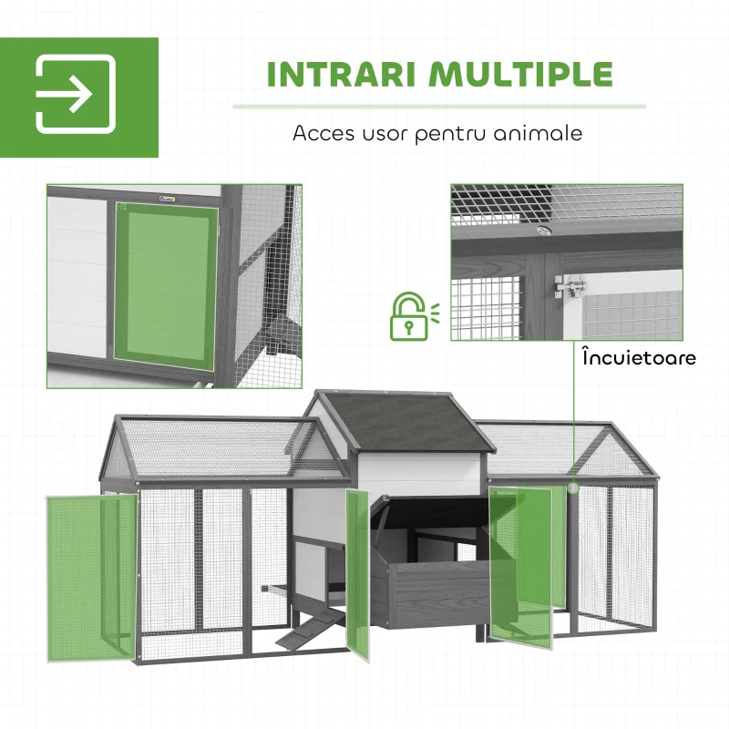 PawHut Cuibar din Lemn pentru Găini Ouătoare de Exterior cu 2 Zone Laterale, Căsuță, Cuib, Acoperiș Impermeabil, Sertar Detasabil, Loc de Odihnă, Uși și Rampă, pentru 2-4 Găini, 247x118x113.5 cm, Gri