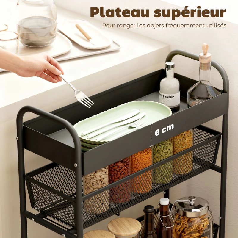 HOMCOM Chariot de rangement à 4 niveaux, desserte à roulettes, 3 paniers coulissants, panier supérieur 19 x 43,2 x 80 cm noir