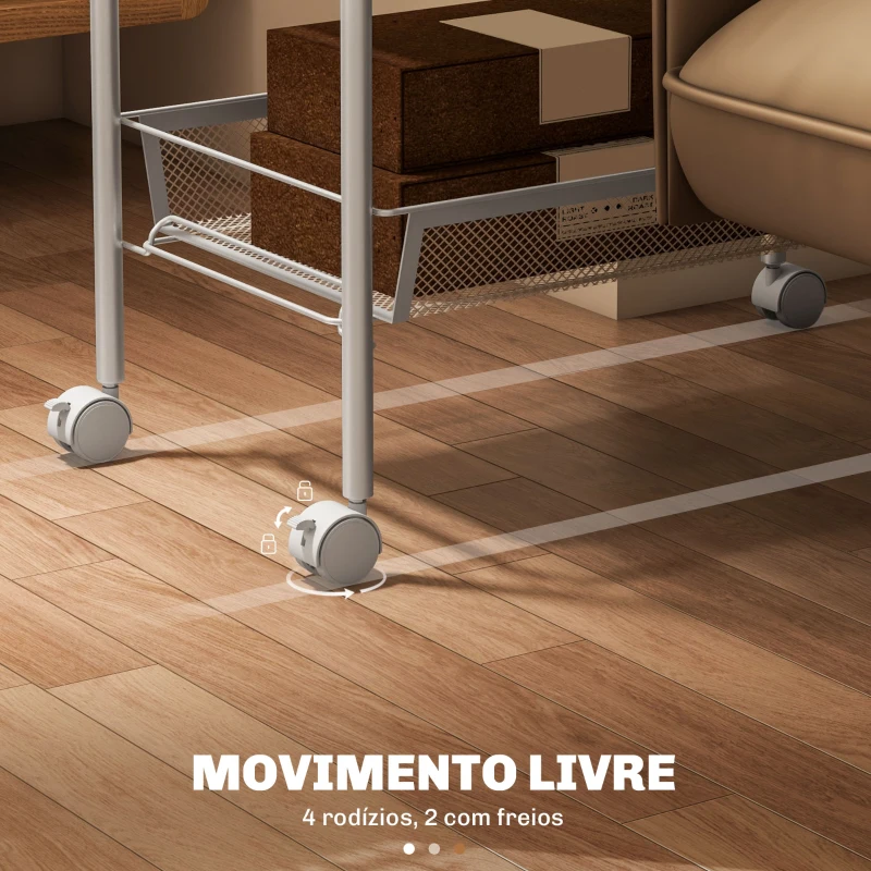 HOMCOM Carrinho Auxiliar com Rodas de 5 Níveis com Cestos de Malha Removíveis e Estrutura de Aço 45x26,5x106 cm Branco