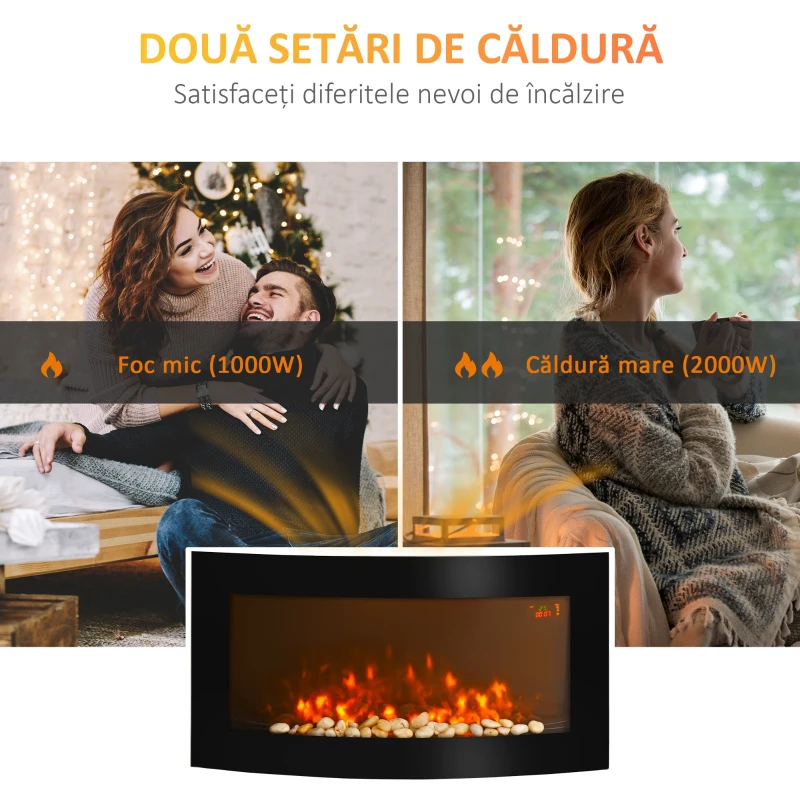 HOMCOM Șemineu Electric de Perete cu Lumină LED în 7 Culori, Putere 1000/2000W și Temperatură 15-30°C, Negru