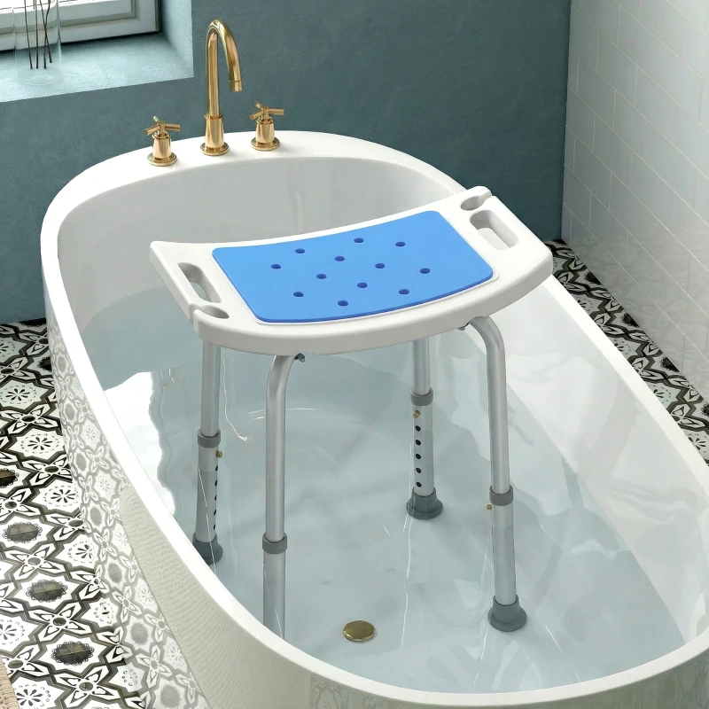 HOMCOM Sgabello per Doccia da Bagno in Lega di Alluminio e Plastica Antiscivolo, Sgabello Bagno con Altezza Regolabile 6 Livelli 39-52cm, Blu