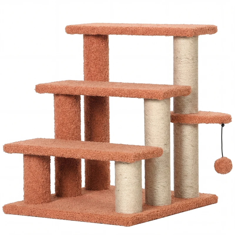 PawHut Kratzbaum, Haustiertreppe, 3 Stufen, Spielball, bis 5 kg, 45x40x48cm, Braun
