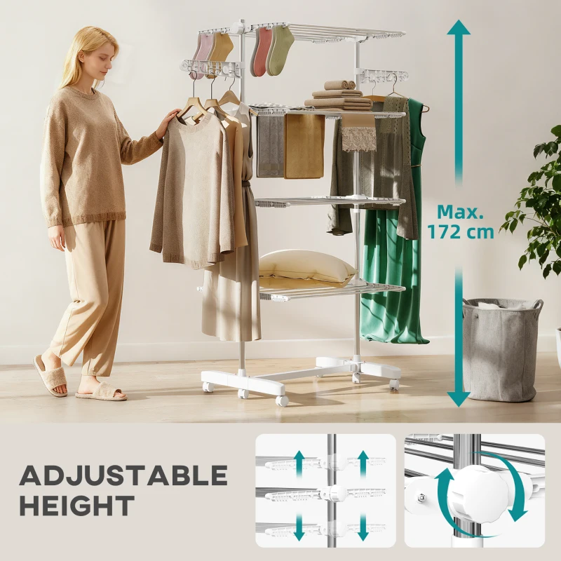 HOMCOM 4-Layer Folding Cloth Rail, Adjustable Garment Rack with Wheels for Bedroom, Balcony, Silver