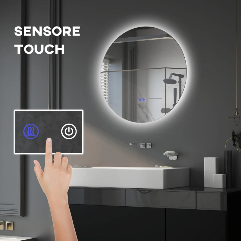 kleankin Specchio Bagno con Luci LED Regolabili, Interruttori Touch e Design Antiappannamento, Ø80 cm
