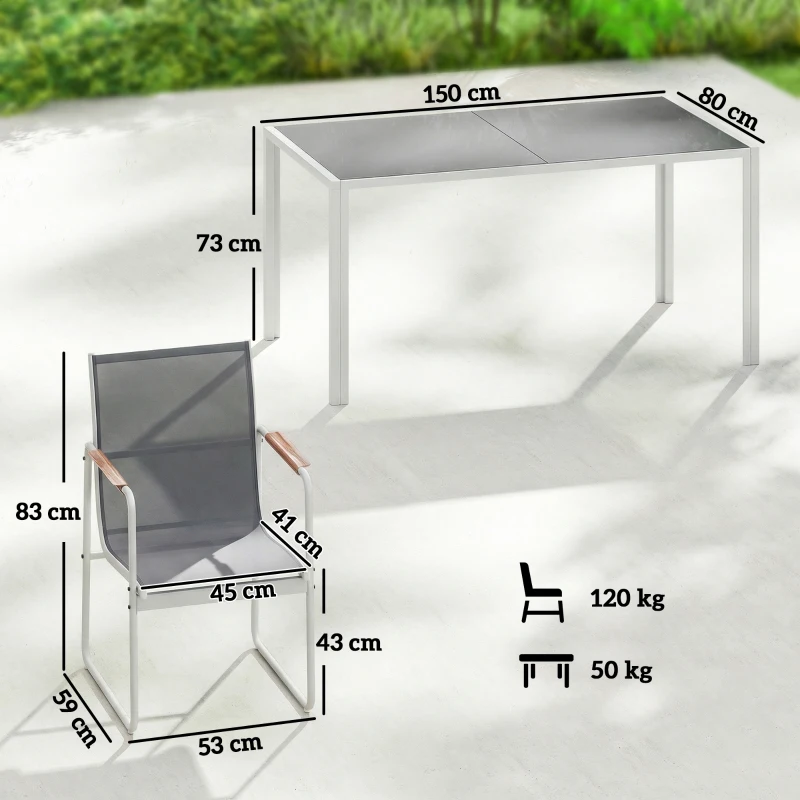 Outsunny Conjunto de Mesa e Cadeiras de Jardim de 7 Peças com Mesa de Vidro Temperado 6 Cadeiras e Estrutura em Aço Branco e Cinza