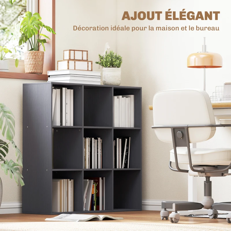 HOMCOM Bibliothèque, étagère de rangement à 3 niveaux avec 9 compartiments, pour salon, bureau, chambre, 91x29,5x91cm, gris