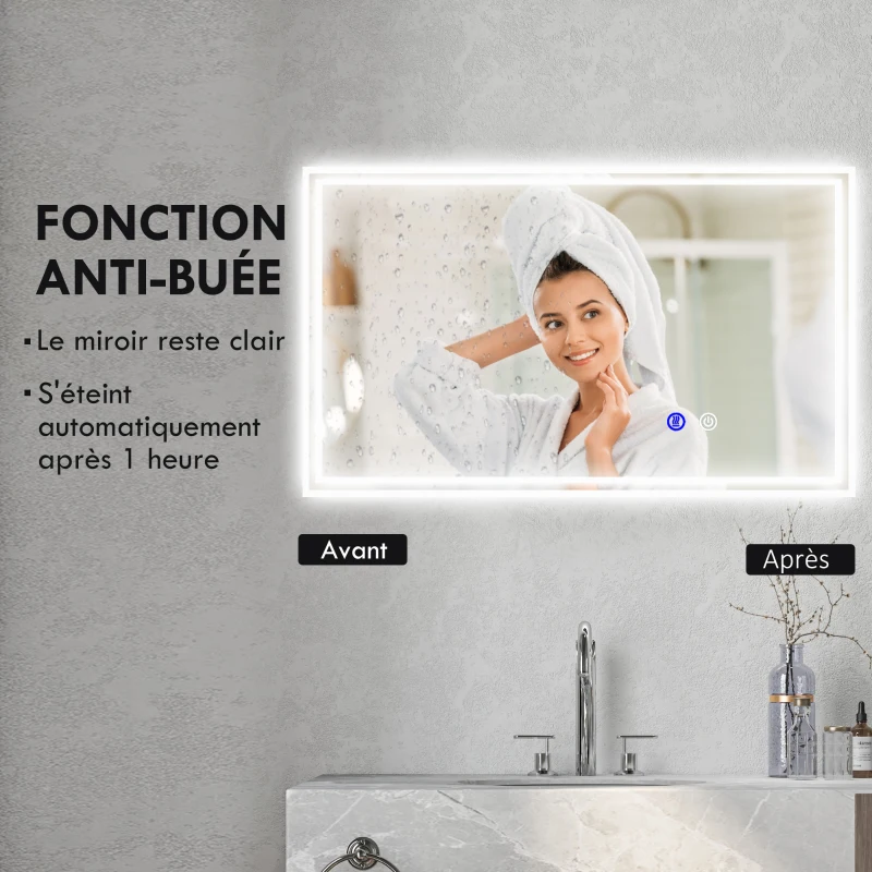 kleankin Miroir de salle de bain rectangulaire mural lumineux LED horizontal ou vertical, 100 x 60 cm