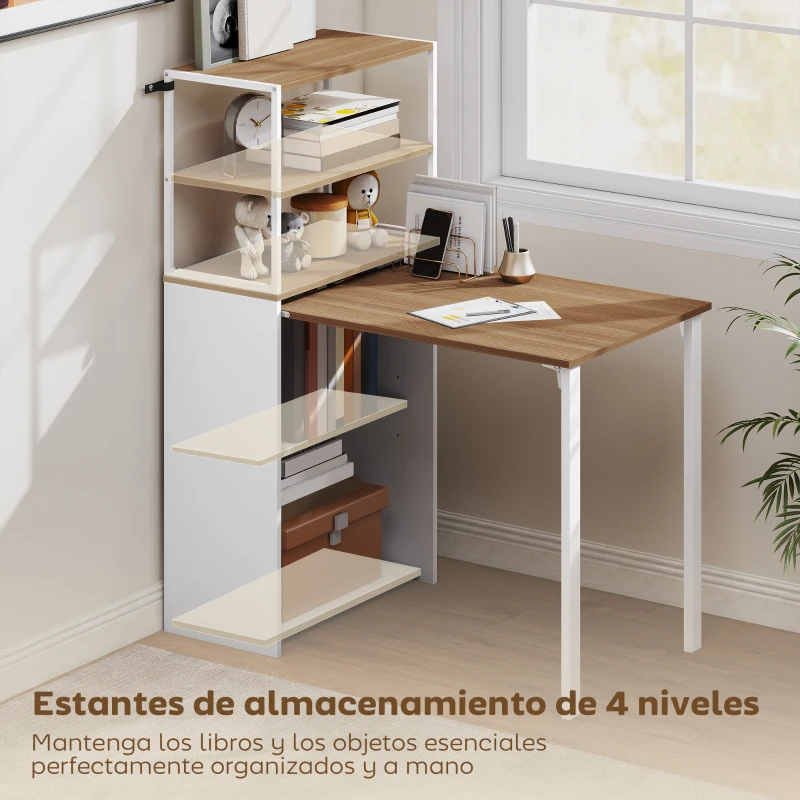 HOMCOM Escritorio Plegable con Estantería con 4 Estantes Mesa de Ordenador para Estudio Oficina Casa 105x60x127 cm Natural