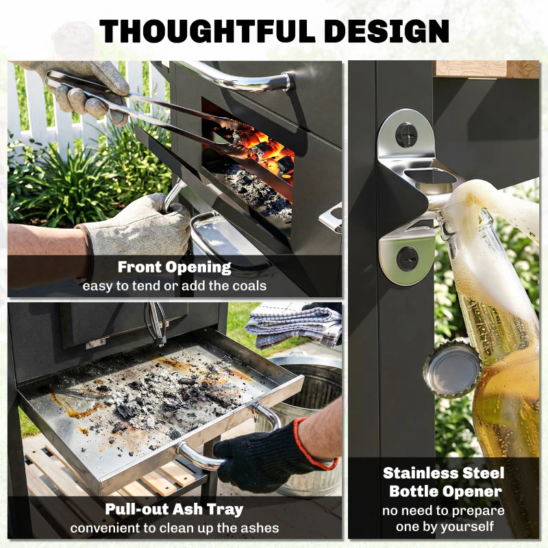 Outsunny Charcoal BBQ Grill with Height Adjustable Charcoal Pan, Barbecue Smoker with Warming Rack, 3 Shelves, Temperature Gauge, Wheels, Bottle Opener for Outdoor Cooking Garden Party