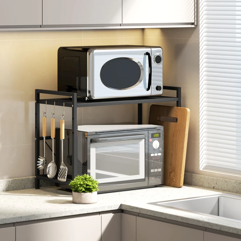 HOMCOM Étagère à micro-ondes extensible à 2 niveaux avec 3 crochets et cadre en métal, noir