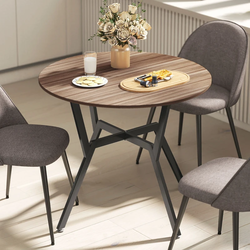 HOMCOM Table de salle à manger rond, table de cuisine, deux places, cadre en acier, dim. Ø 90 x 76H cm, marron, noir