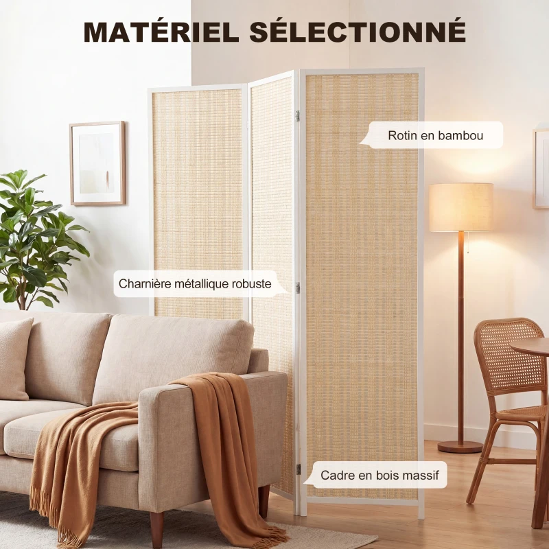 HOMCOM Paravent en bois séparateur de pièce closion de séparation pliable 3 panneaux 135 x 180 cm blanc