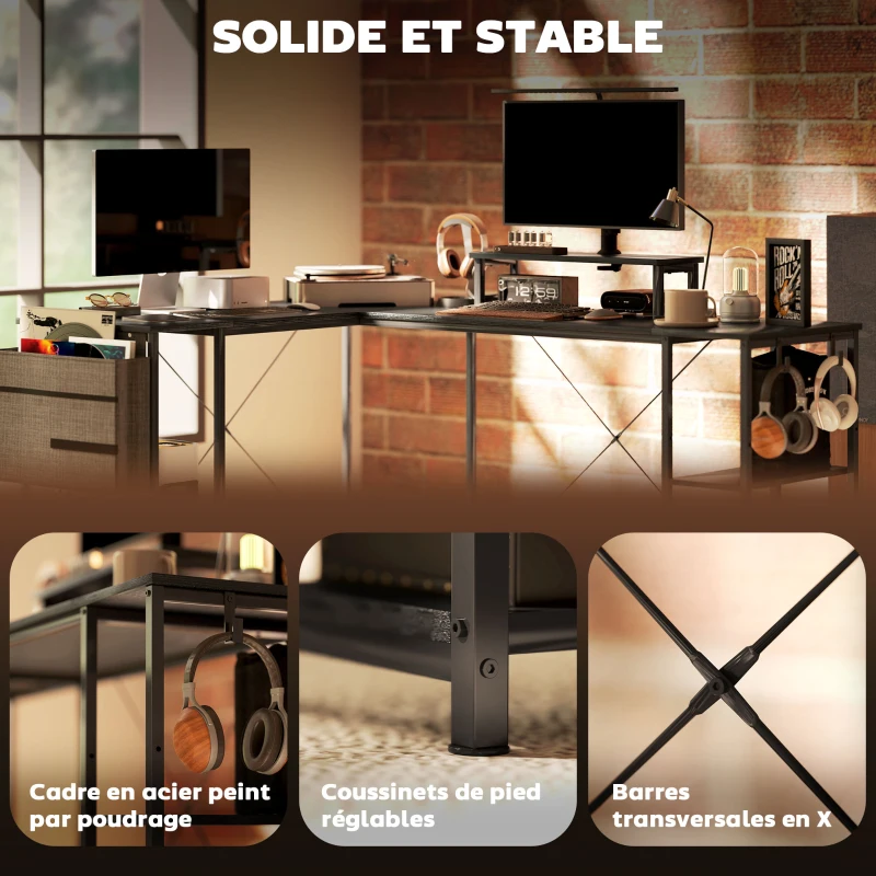 HOMCOM Bureau d'angle modulable réversible 168-240 cm style industriel - étagère réglable, sac de rangement, support d'écran