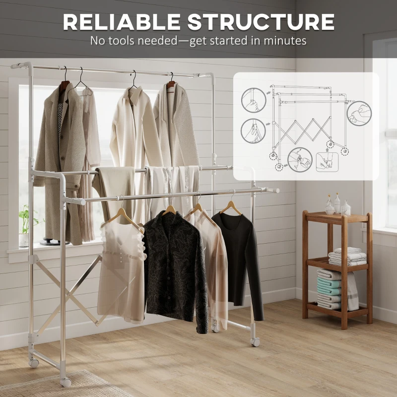 HOMCOM Uscător de Rufe Pliabil cu 3 Bare Reglabile, Roți Rotative și Cadru din Oțel Inoxidabil, Argintiu