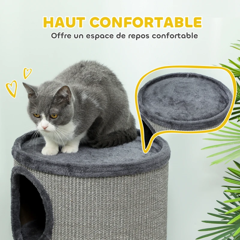 PawHut Tonneau à gratter pour chat, tour à griffer en sisal à 3 niveaux recouvert de peluche, Ø 38 x 70 cm, gris clair
