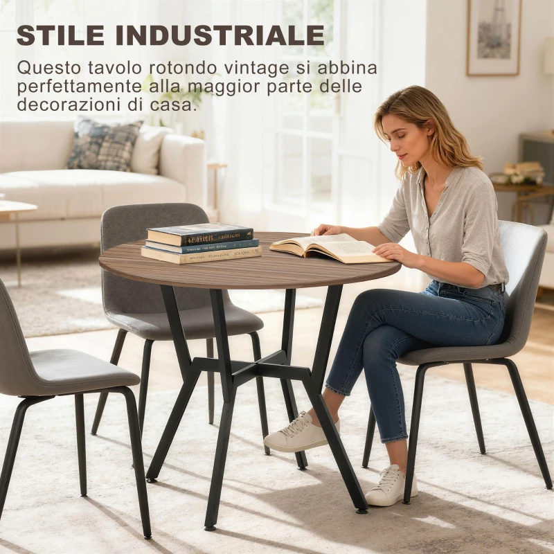 HOMCOM Tavolo Rotondo da Soggiorno per 2 Persone con Sostegno a X, in Legno e Acciaio, Ø90x76 cm, Nero e Marrone