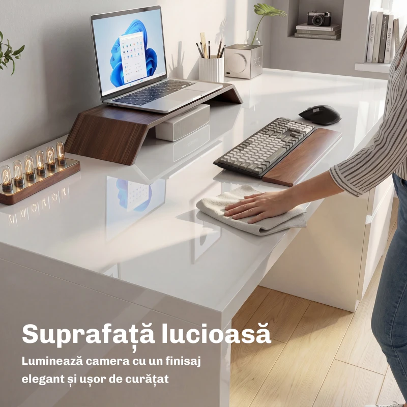 HOMCOM Birou Compact, 110x61.5x75 cm, Birou Modern cu 4 Sertare, Masă pentru Computer, pentru Acasă, Studiu, Cameră sau Birou, Alb Lucios