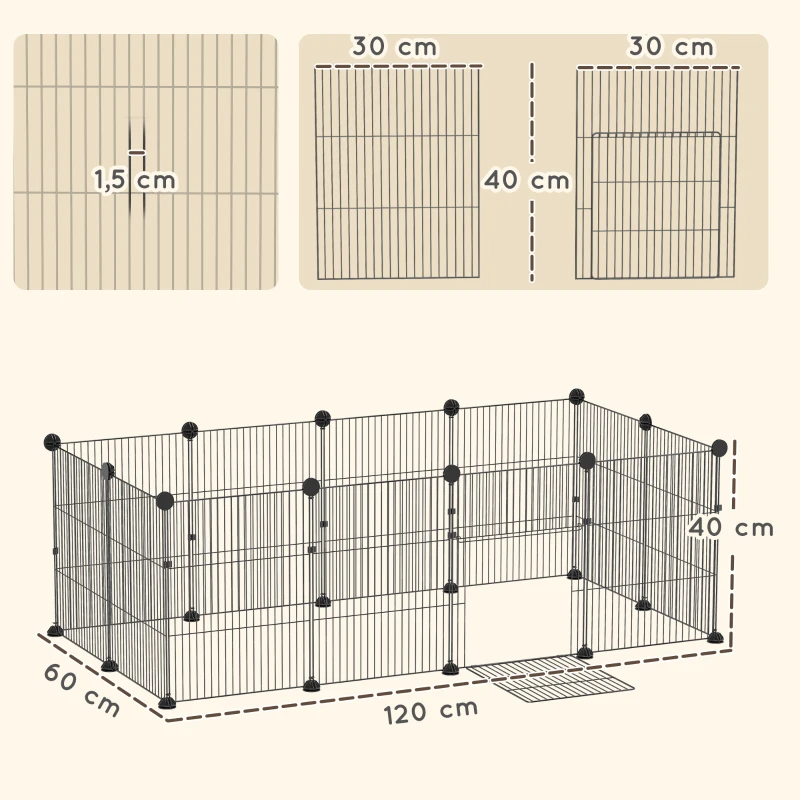 PawHut Enclos pour petits animaux, cage à lapin modulable 12 panneaux avec tapis étanche, en acier, 120 x 60 x 40 cm, noir