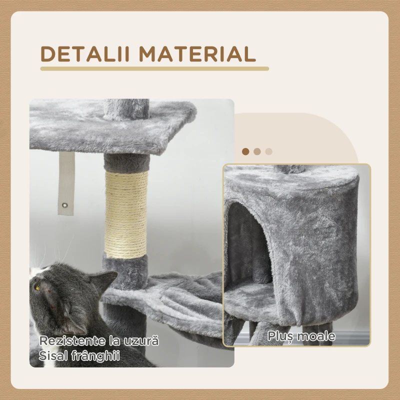 PawHut Turn pentru Pisici cu Căsuță, Platforme și 4 Șoricei, din Lemn, Plus și Sisal, 50x35x134,2 cm, Gri