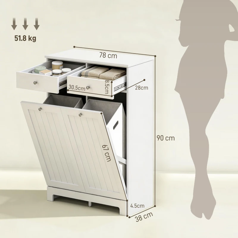 HOMCOM Mobile Portabiancheria con 2 Cesti Inclinabili, 2 Cassetti e 2 Ante a Ribalta per Bagno, 78x38x90cm Bianco