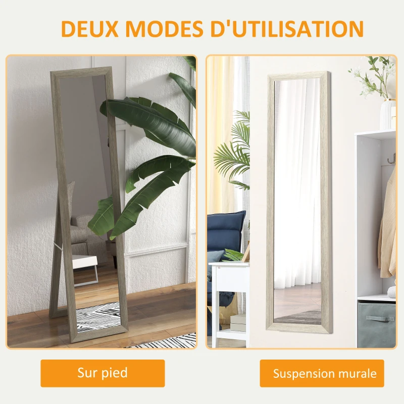 HOMCOM Miroir sur pied mural ou à poser rectangulaire avec cadre en bois pour salon chambre à coucher 37 x 155 cm gris