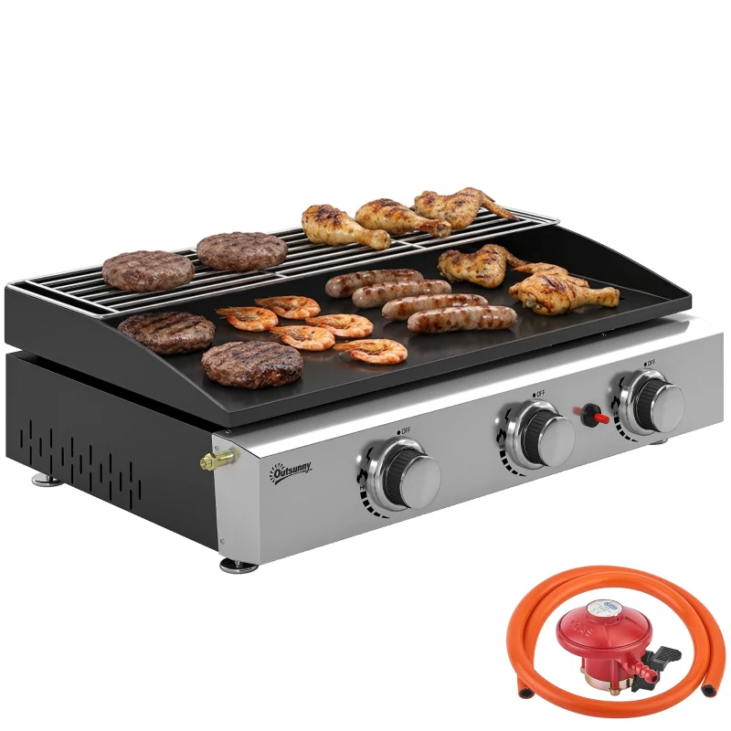 Outsunny 3 Burner Grill Griddle, Portable Gas Plancha with Warming Rack, 7.5 kW, Tabletop Gas BBQ with Grease Cup, Black