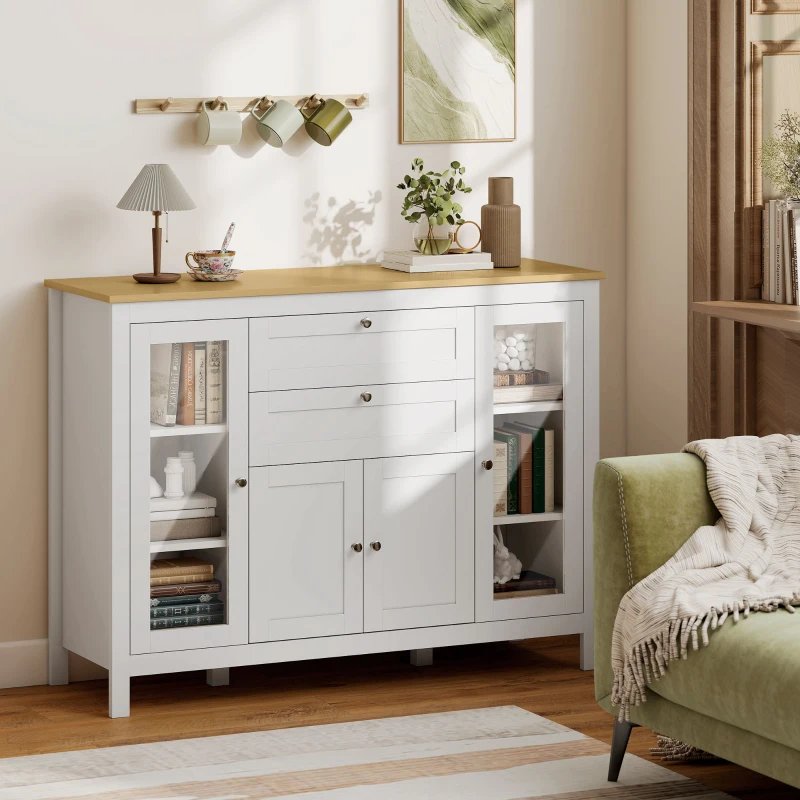 HOMCOM Mobile Cucina con 2 Cassetti e 3 Armadietti, Ante in Vetro e Ripiani Regolabili, 120x40x90 cm, Bianco e Rovere