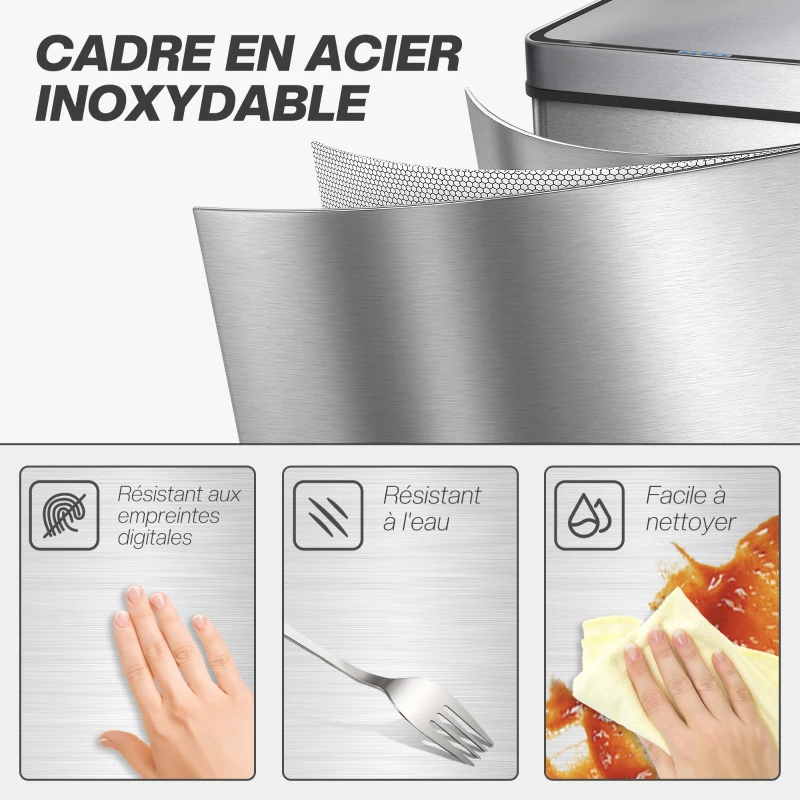 HOMCOM Poubelle à capteur 60 L avec couvercle à fermeture douce, poubelle de cuisine automatique en acier inoxydable, argenté