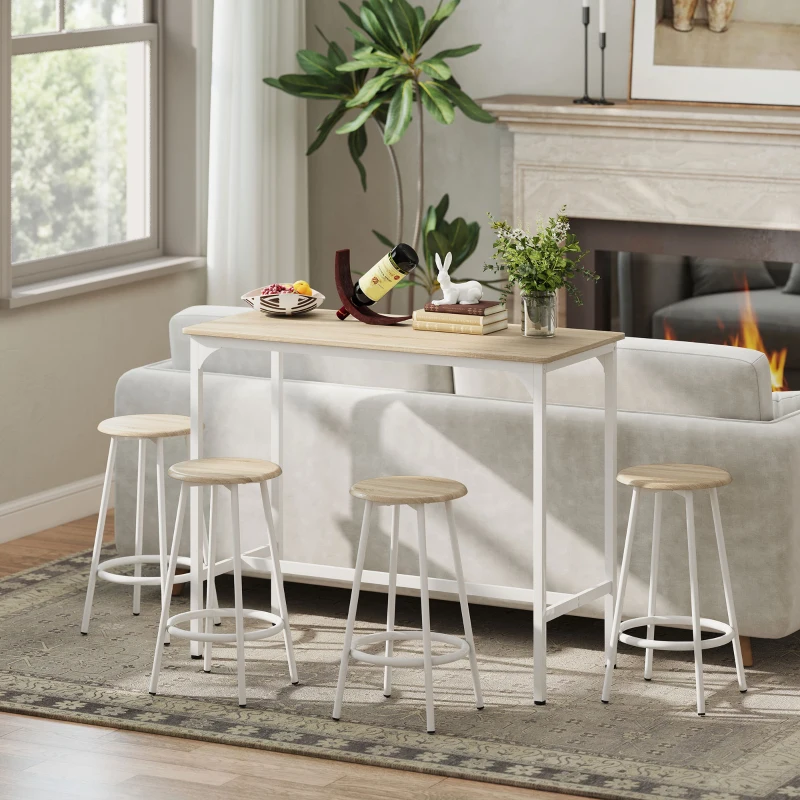 HOMCOM Set de Mesa de Bar y 4 Taburetes Estilo Industrial Marco de Metal para Cocina Salón Natural y Blanco