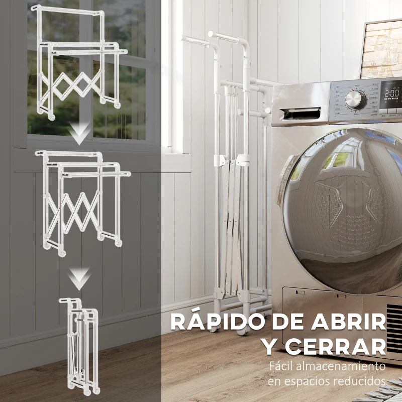 HOMCOM Tendedero Plegable de 3 Niveles Tendedero de Acero Inoxidable con 3 Barras Ajustables y Extensibles 4 Ruedas Plata