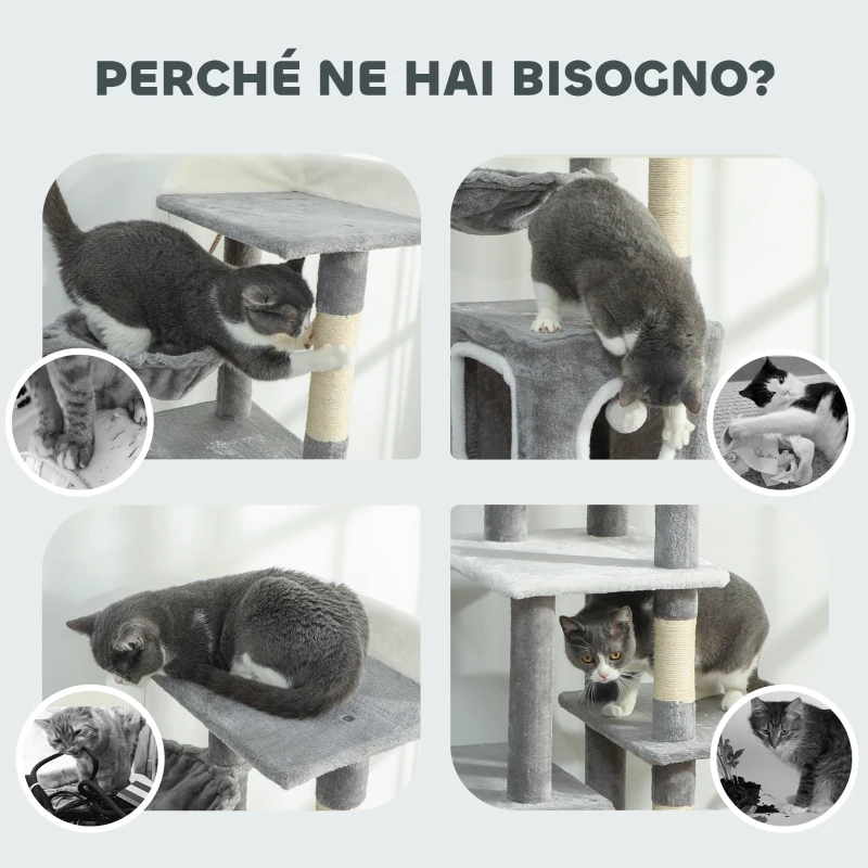 PawHut Albero Tiragraffi per Gatti con 2 Casette, Rampa, Trespoli e 4 Palline, 48x40x165 cm, Grigio e Bianco