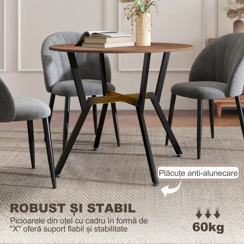 HOMCOM Masă rotundă de living pentru 2 persoane cu suport în formă de X, din lemn și oțel, Ø90x76 cm, negru și maro