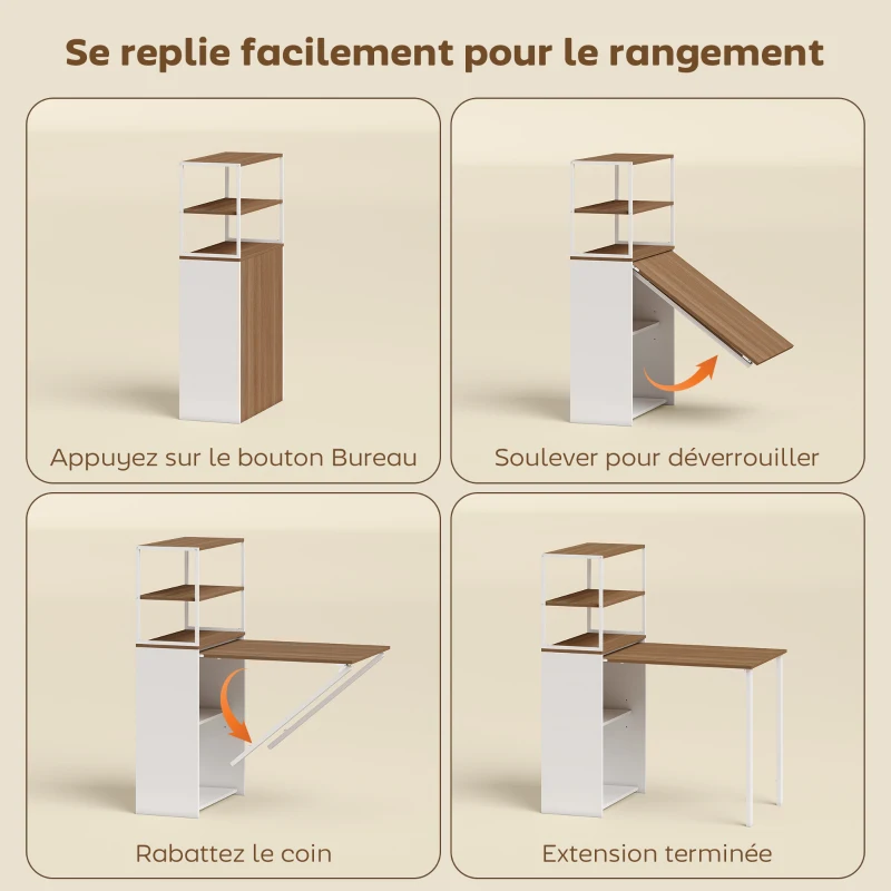 HOMCOM Bureau d'ordinateur pliable avec étagères de rangement à 4 niveaux, bureau avec 2 niches, 105 x 60 x 127 cm, chêne blanc