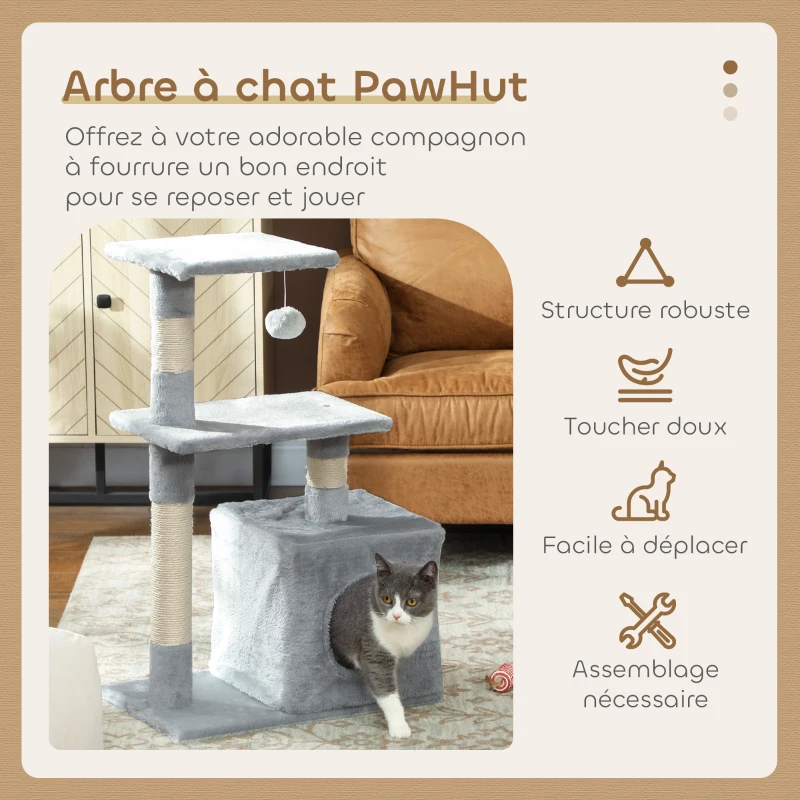 PawHut Arbre à chat tour de jeux pour chats poteaux en sisal, 2 plate-forme, niche, balle, tissu peluche, 50x30x81,5cm, gris