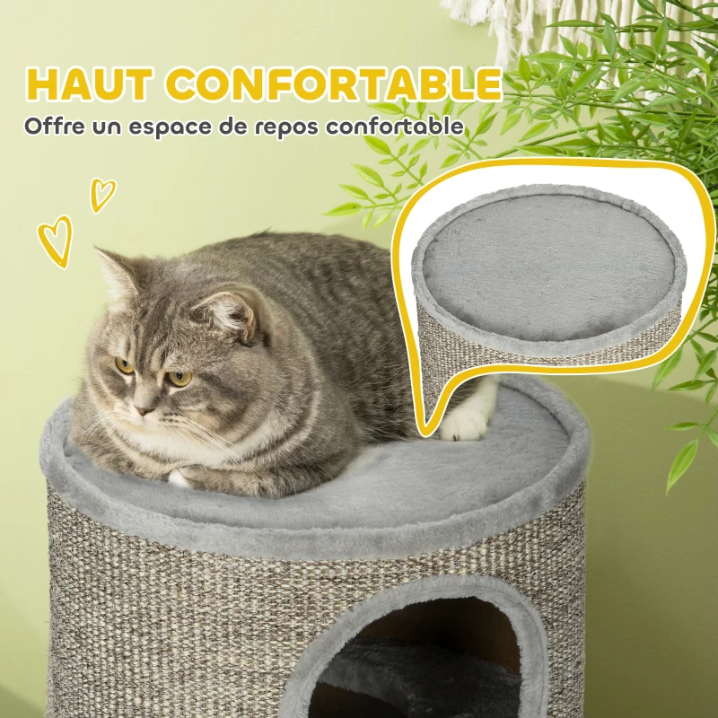 PawHut Tonneau à gratter pour chat, tour à griffer en sisal à 3 niveaux recouvert de peluche, Ø 38 x 70 cm, gris