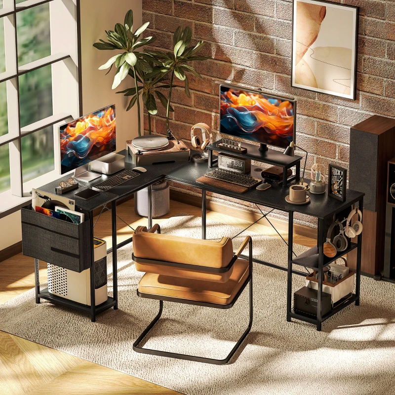 HOMCOM Bureau d'angle modulable réversible 168-240 cm style industriel - étagère réglable, sac de rangement, support d'écran