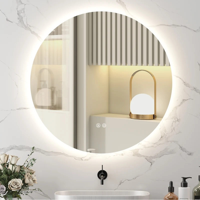 kleankin Oglindă de Baie cu Lumină LED Rotundă 80cm, 3 Culori, 3000-6500K, Oglindă de Perete Iluminată cu Interruptoare Touch, Luminozitate Reglabilă, Funcție Memorie și Anti-Ceață, IP44