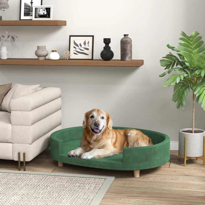 PawHut Canapé pour chien fauteuil pour chat surface en velours avec coussin amovible pieds en bois 100l x 70P x 25H cm vert